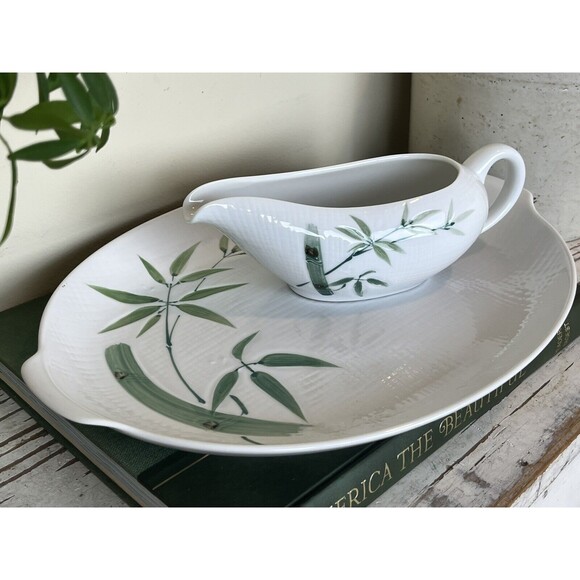 Unbranded Other - Vintage MCM Hand Painted Bamboo China Gravy Boat & Serving Platter Set / Japan